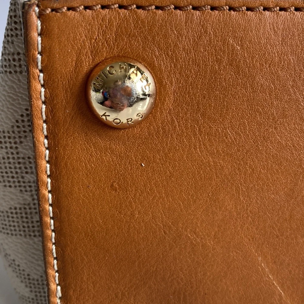 Michael Kors Beige Monogram Satchel with Tan Leather Trim